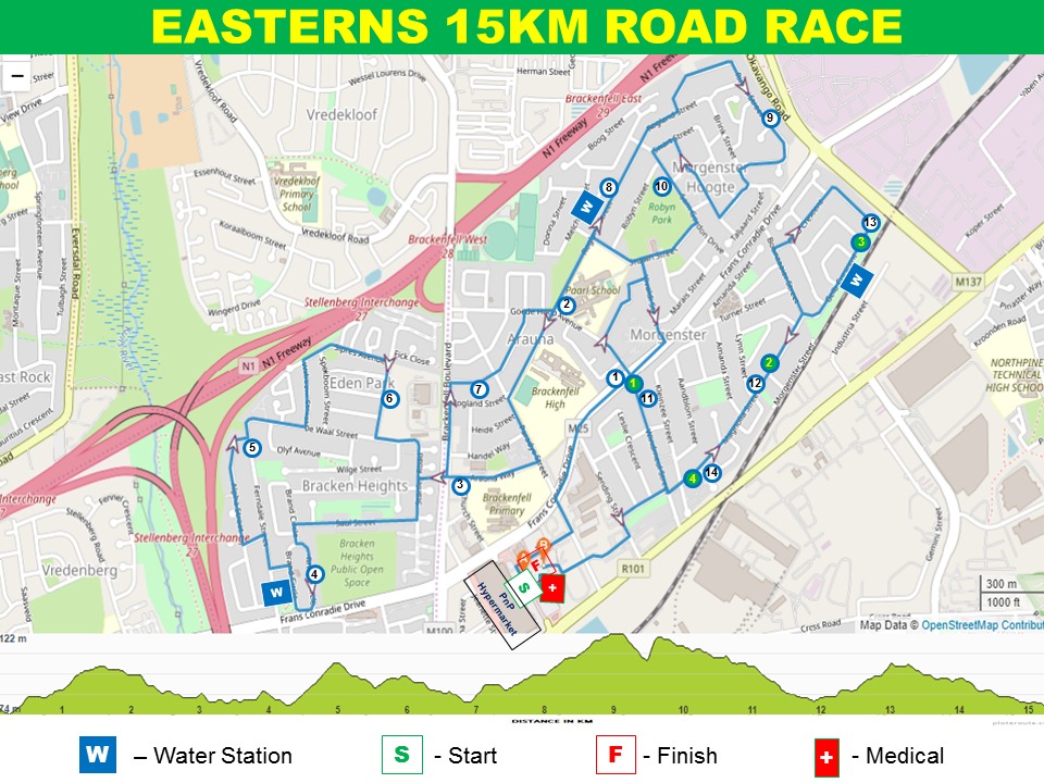 Route map — Easterns 15km Road Race